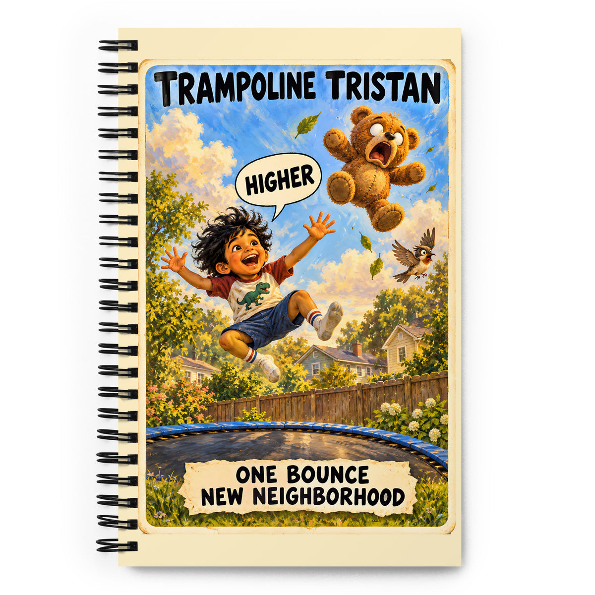 Trampoline Tristan Spiral Notebook by Brain Rot Bunch, front cover