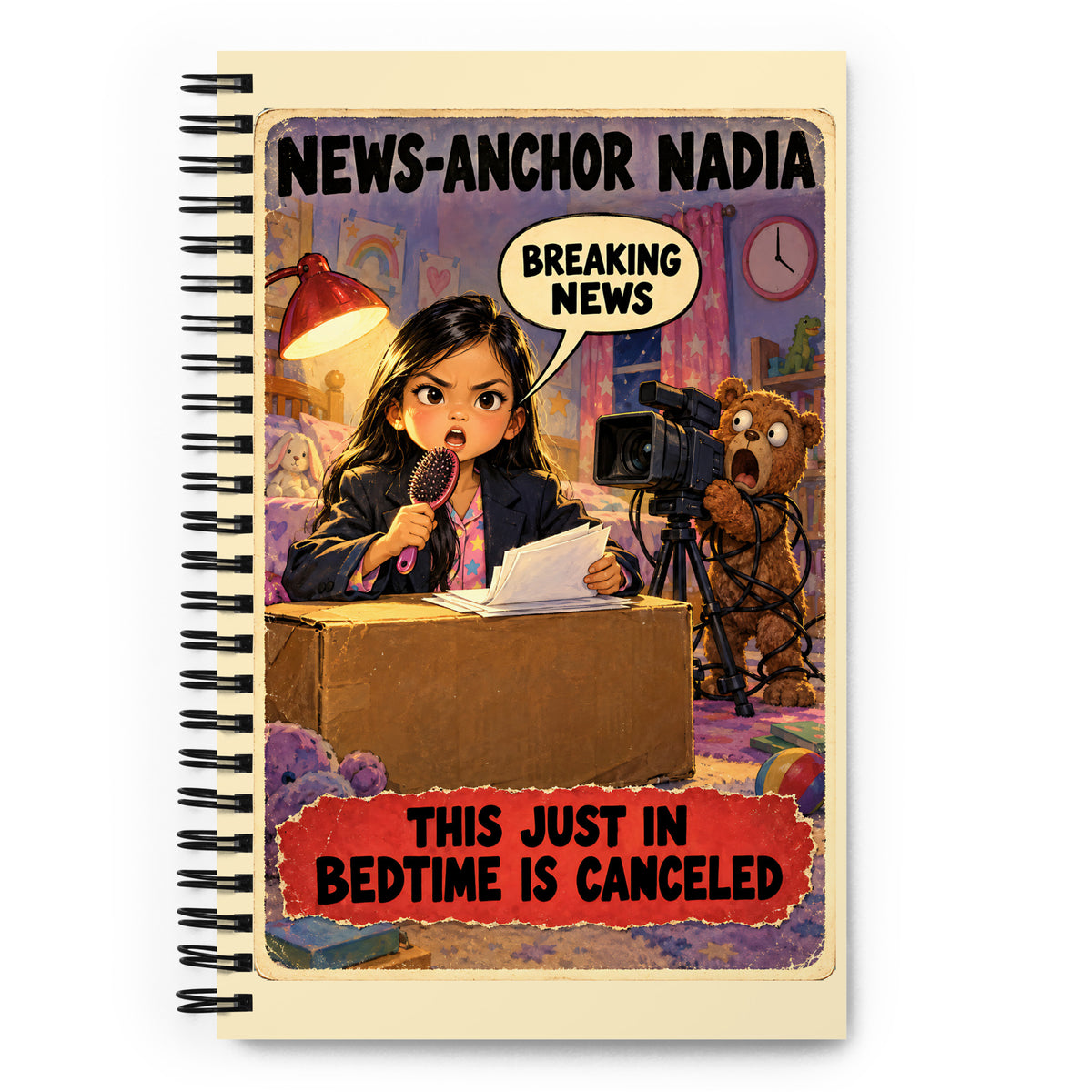 News-Anchor Nadia Spiral Notebook by Brain Rot Bunch, front cover