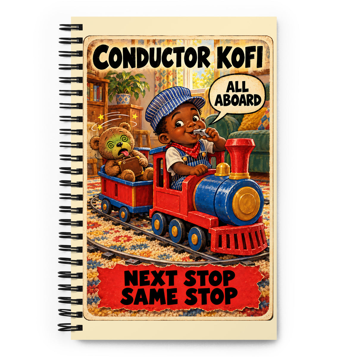 Conductor Kofi Spiral Notebook by Brain Rot Bunch, front cover