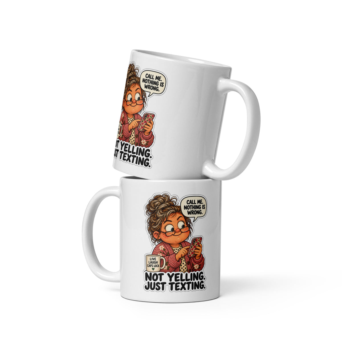 All-Caps Carol Mug by Brain Rot Bunch, front view