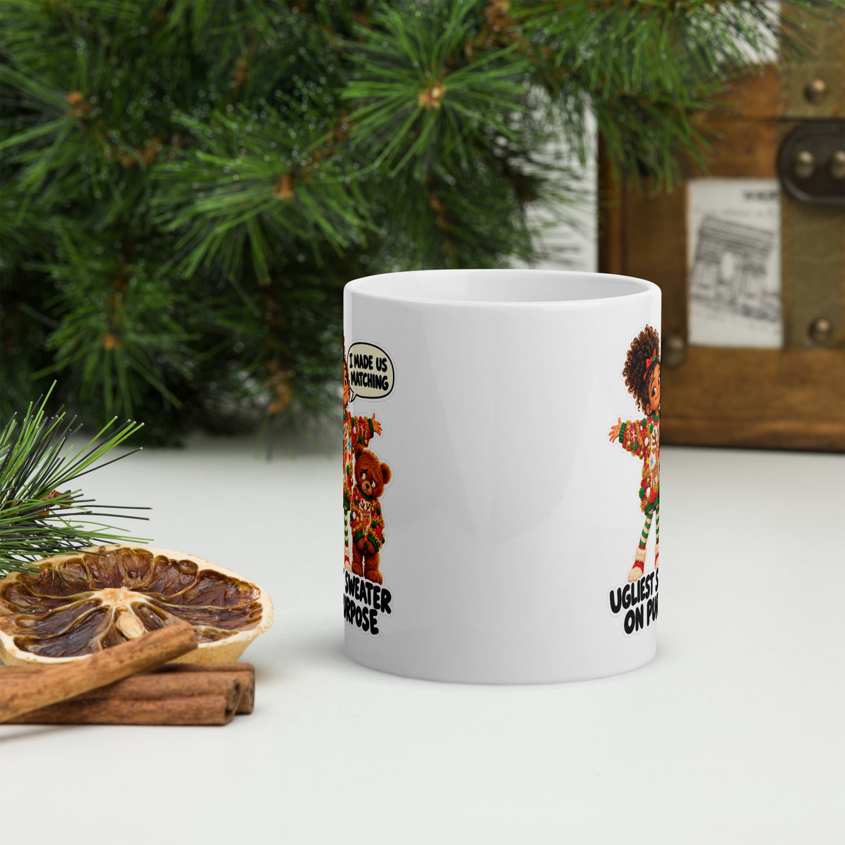 Ugly-Sweater Uma Mug by Brain Rot Bunch, front view