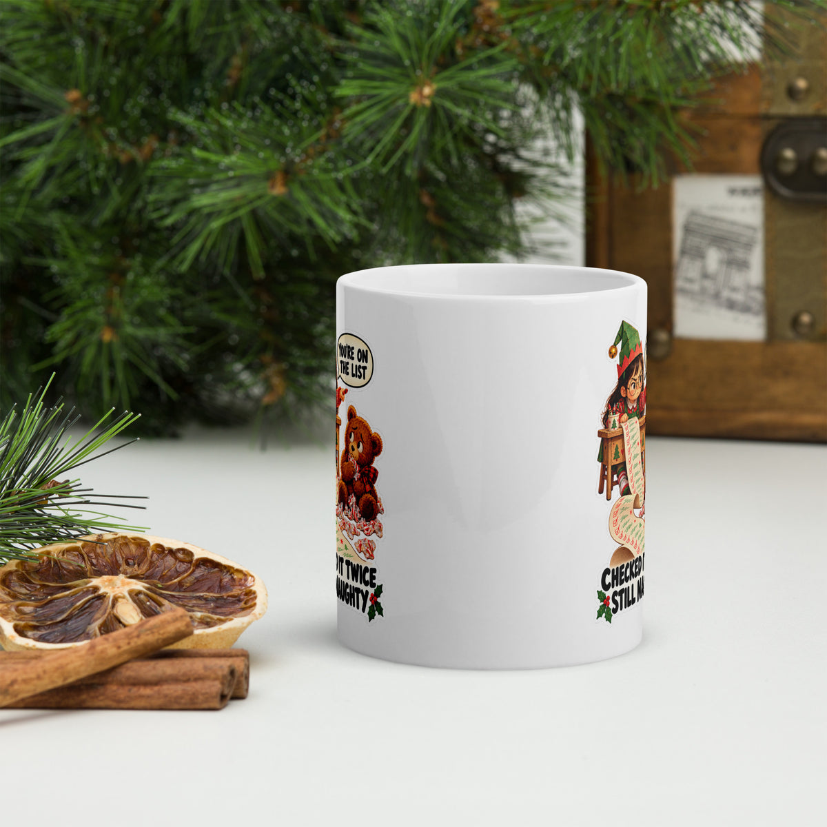 Naughty-List Nora Mug by Brain Rot Bunch, front view