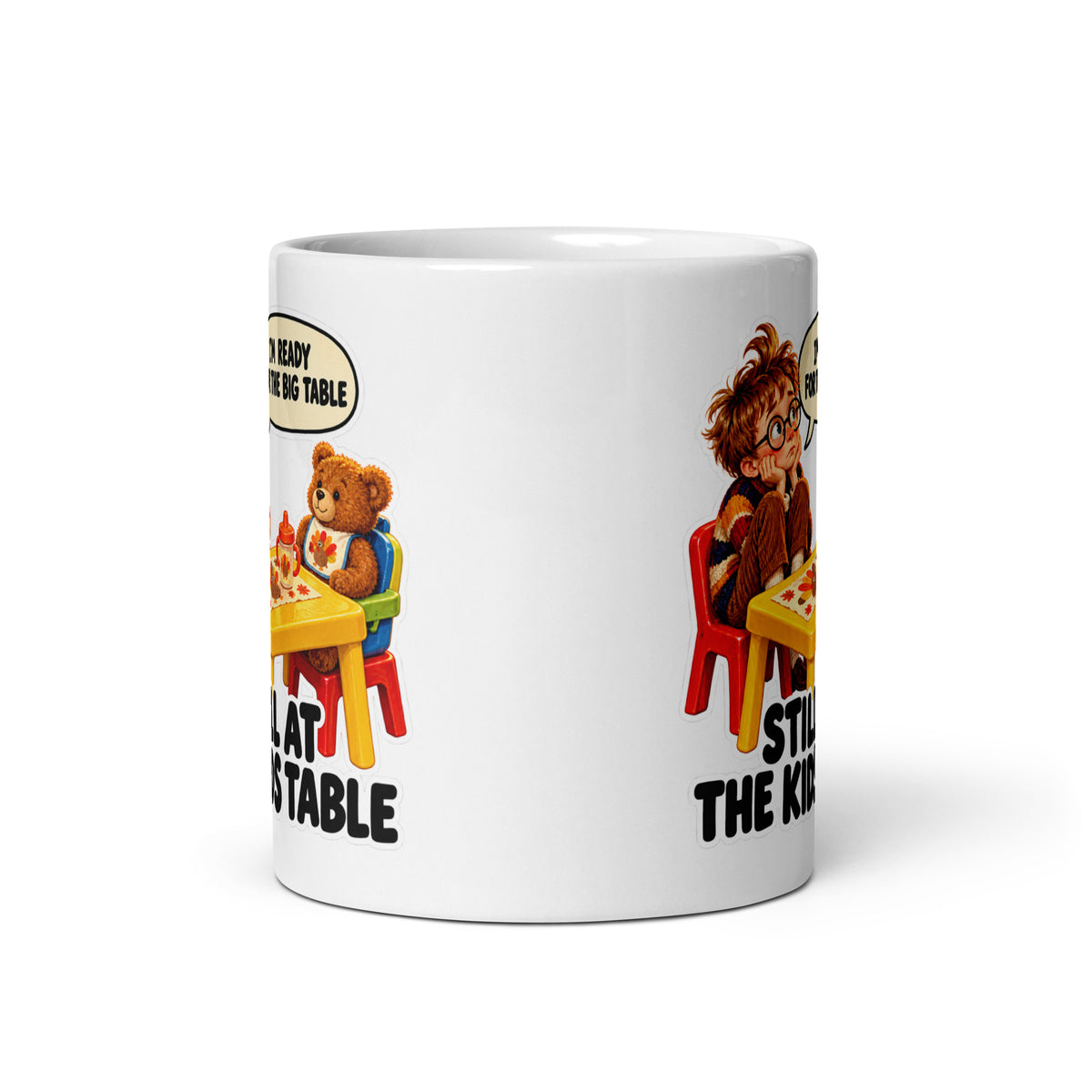 Kids-Table Kenny Mug by Brain Rot Bunch, front view