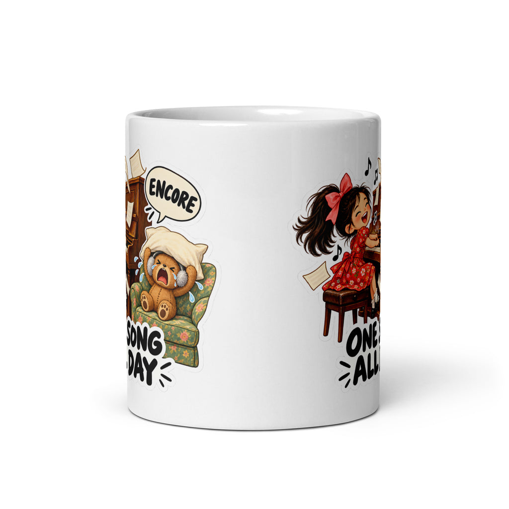Piano-Practice Polly Mug by Brain Rot Bunch, front view