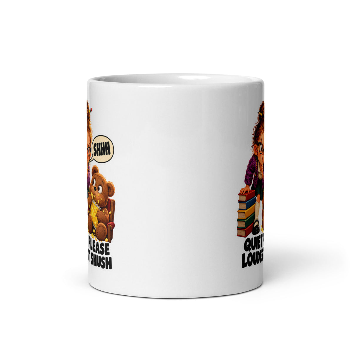 Librarian Lila Mug by Brain Rot Bunch, front view