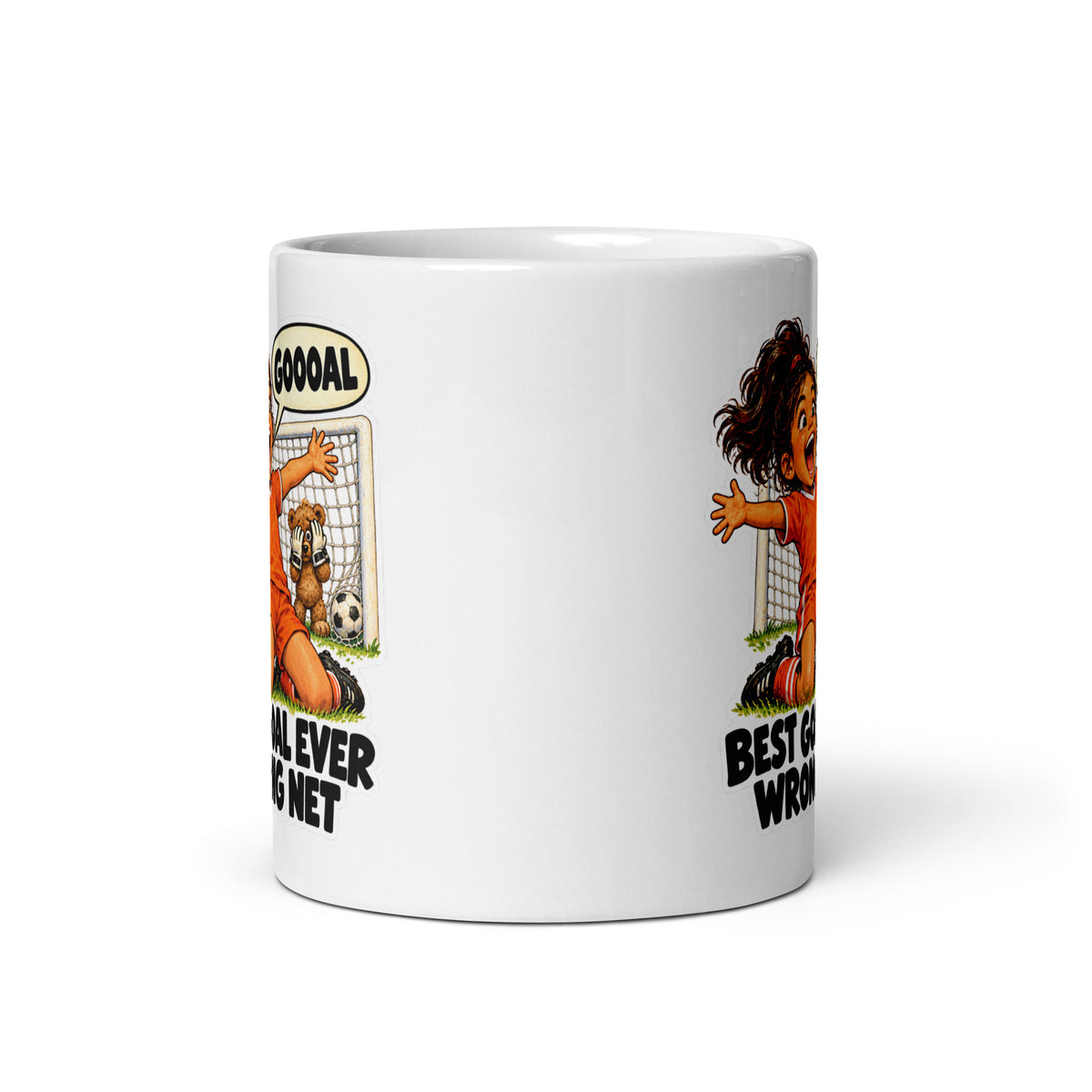 Soccer-Star Sofia Mug by Brain Rot Bunch, front view