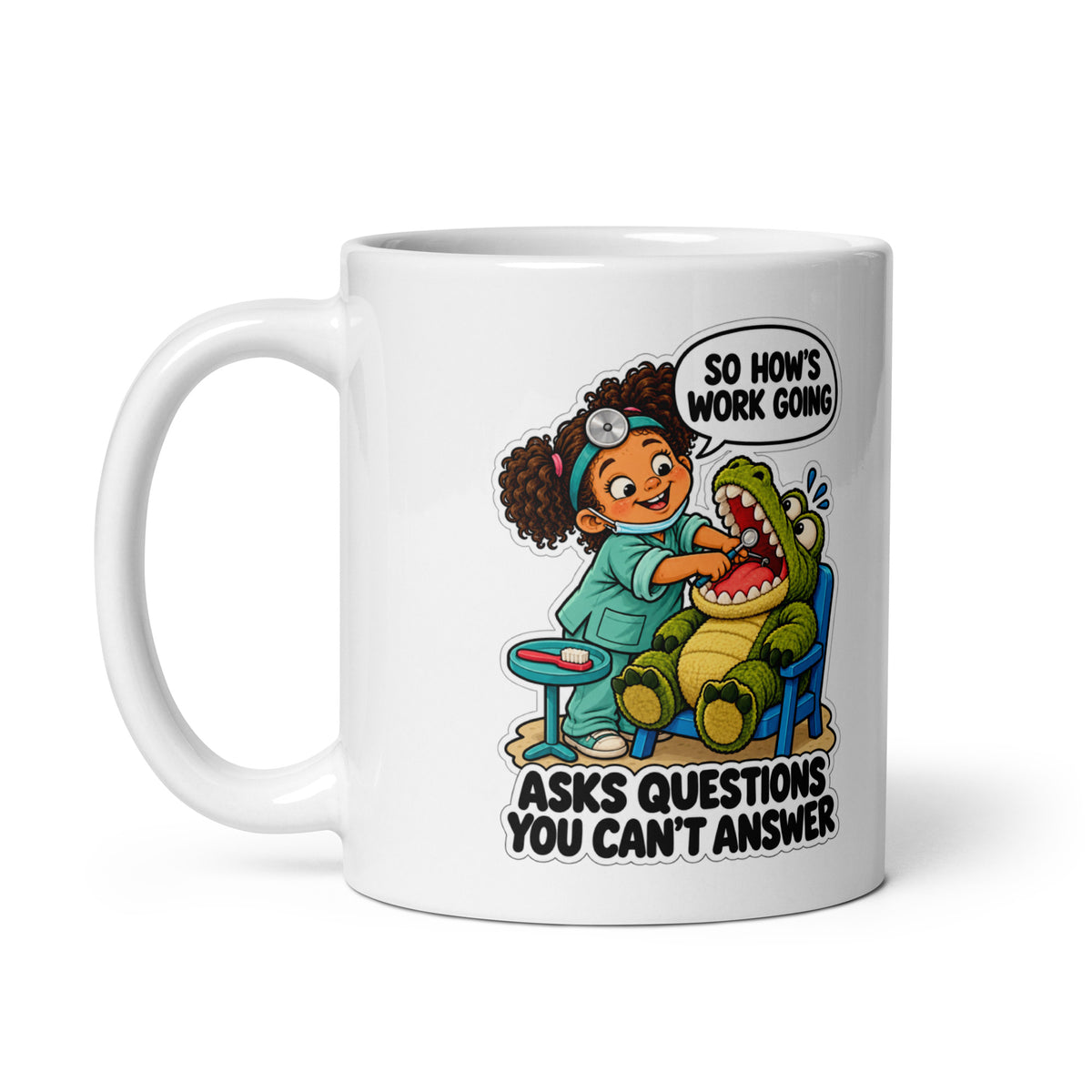 Dentist Dottie Mug by Brain Rot Bunch, handle on left