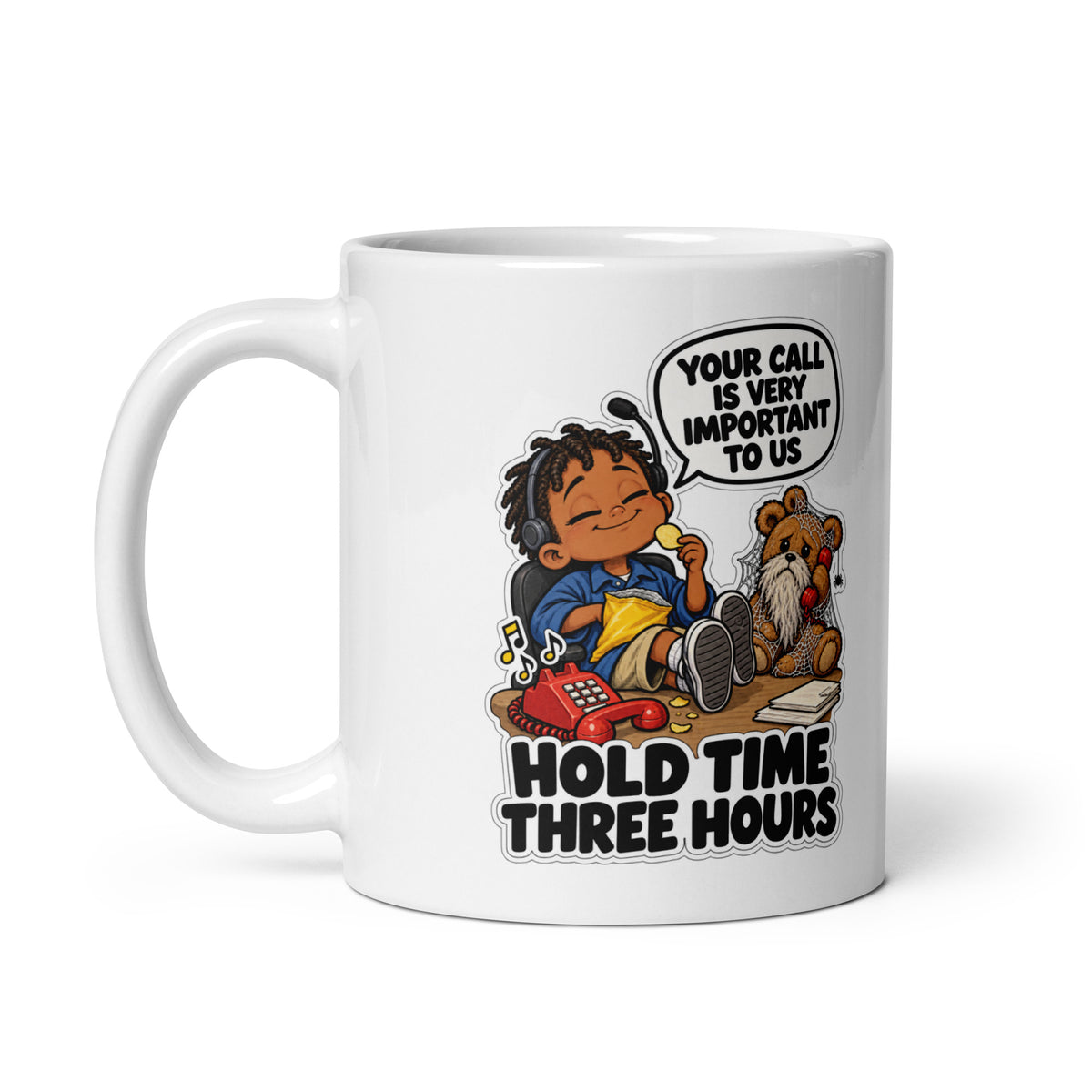 Customer Service Carl Mug by Brain Rot Bunch, handle on left