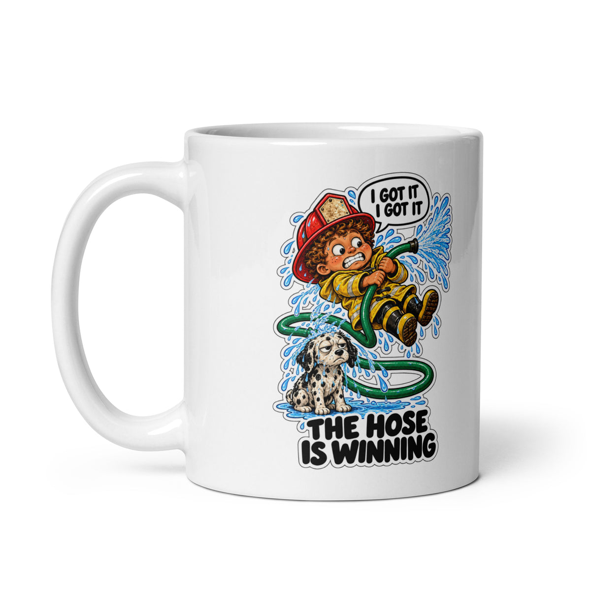 Firefighter Finn Mug by Brain Rot Bunch, handle on left
