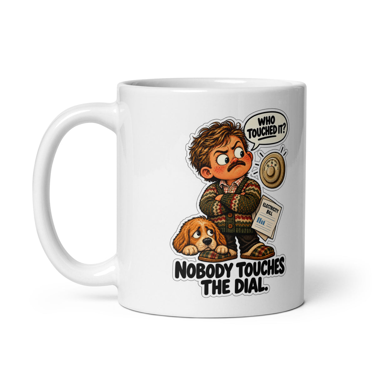Thermostat Tom Mug by Brain Rot Bunch, handle on left