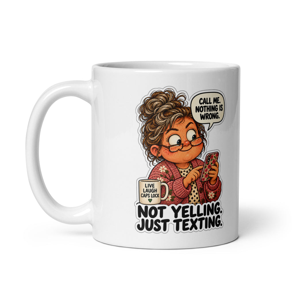 All-Caps Carol Mug by Brain Rot Bunch, handle on left