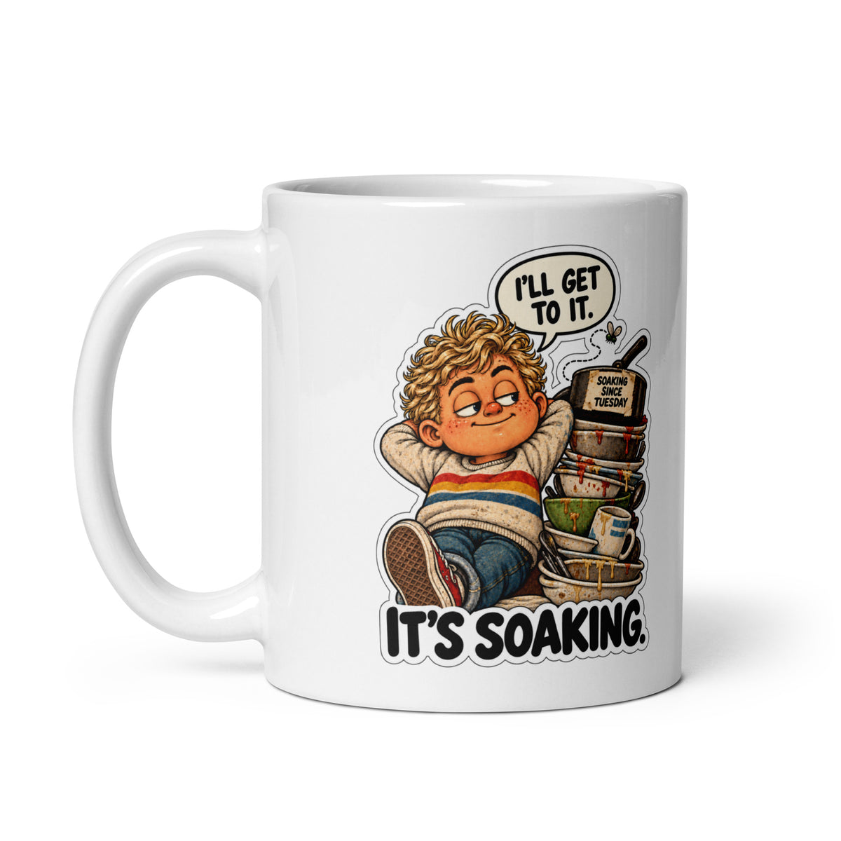 Dish-Dodging Doug Mug by Brain Rot Bunch, handle on left