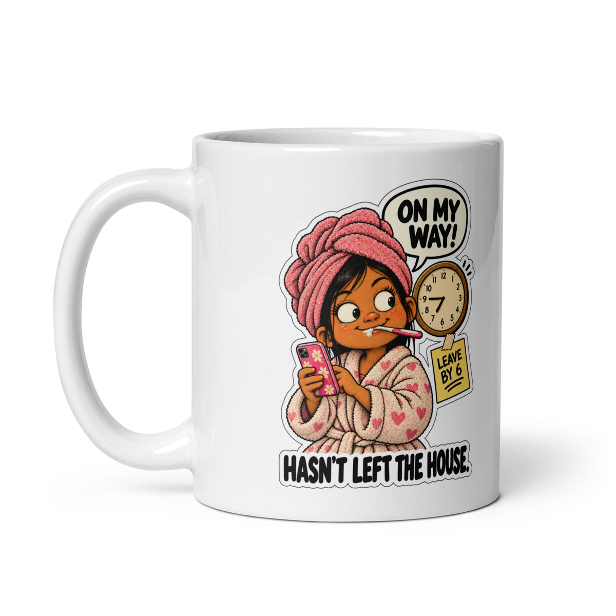 On-My-Way Faye Mug by Brain Rot Bunch, handle on left