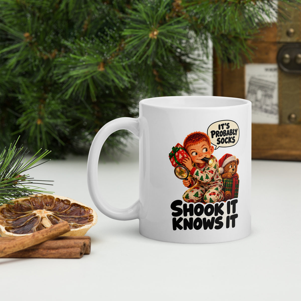 Gift-Peeker Gabe Mug by Brain Rot Bunch, handle on left