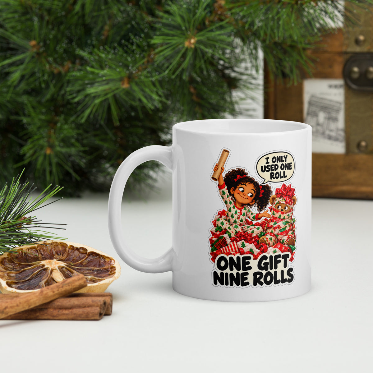 Wrapping-Paper Willa Mug by Brain Rot Bunch, handle on left