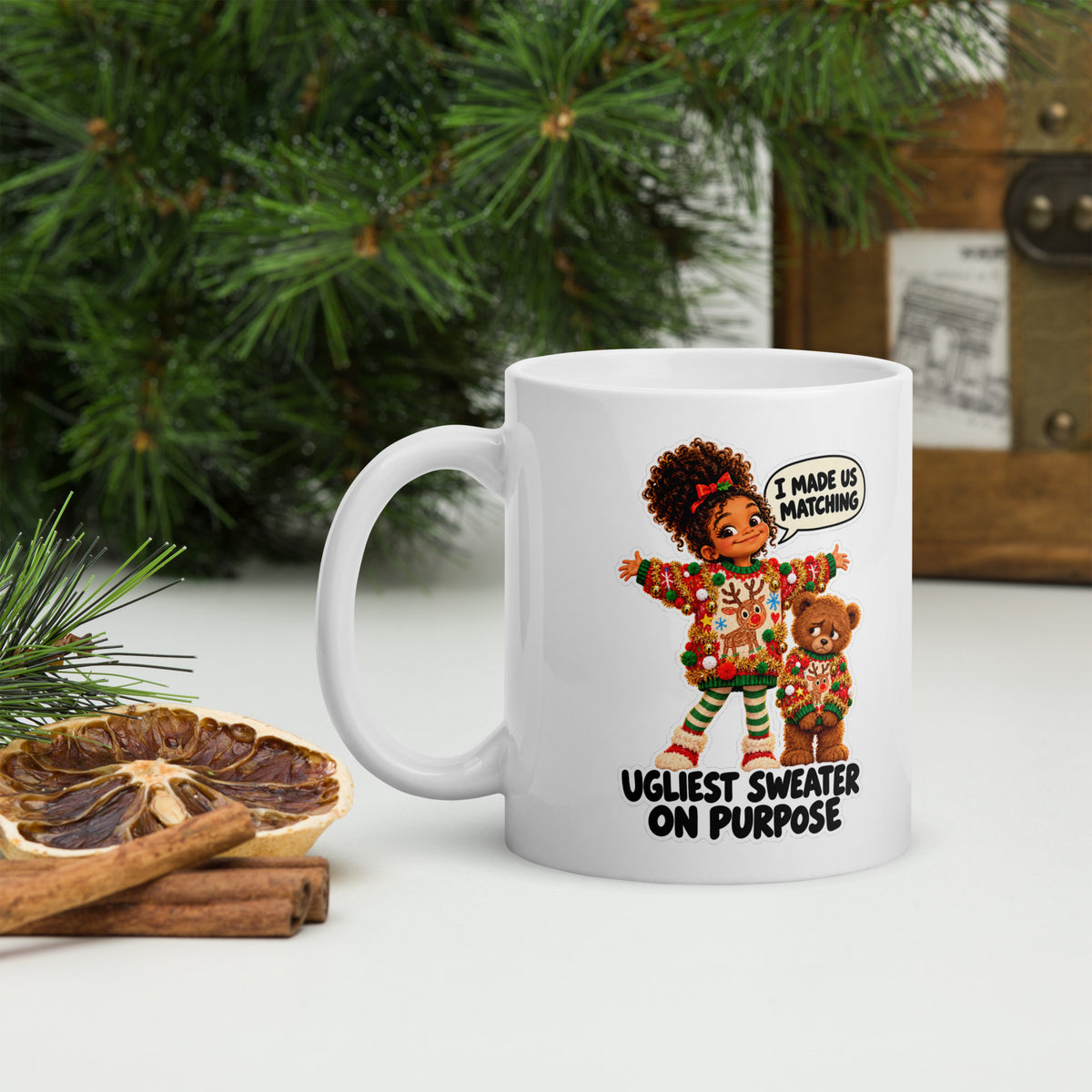 Ugly-Sweater Uma Mug by Brain Rot Bunch, handle on left