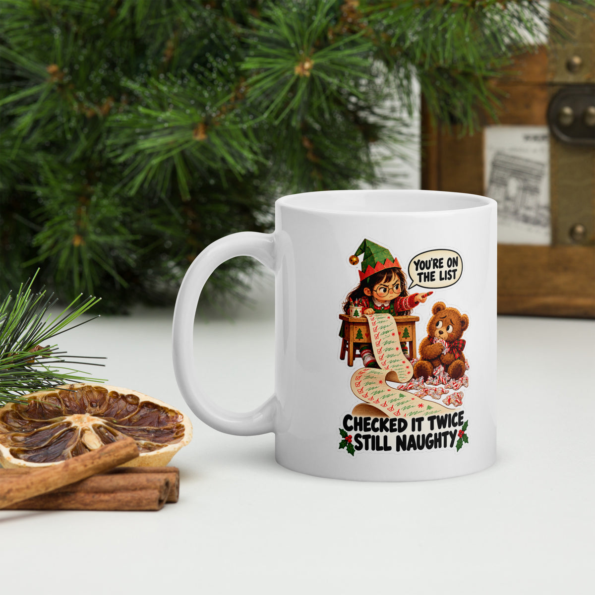 Naughty-List Nora Mug by Brain Rot Bunch, handle on left