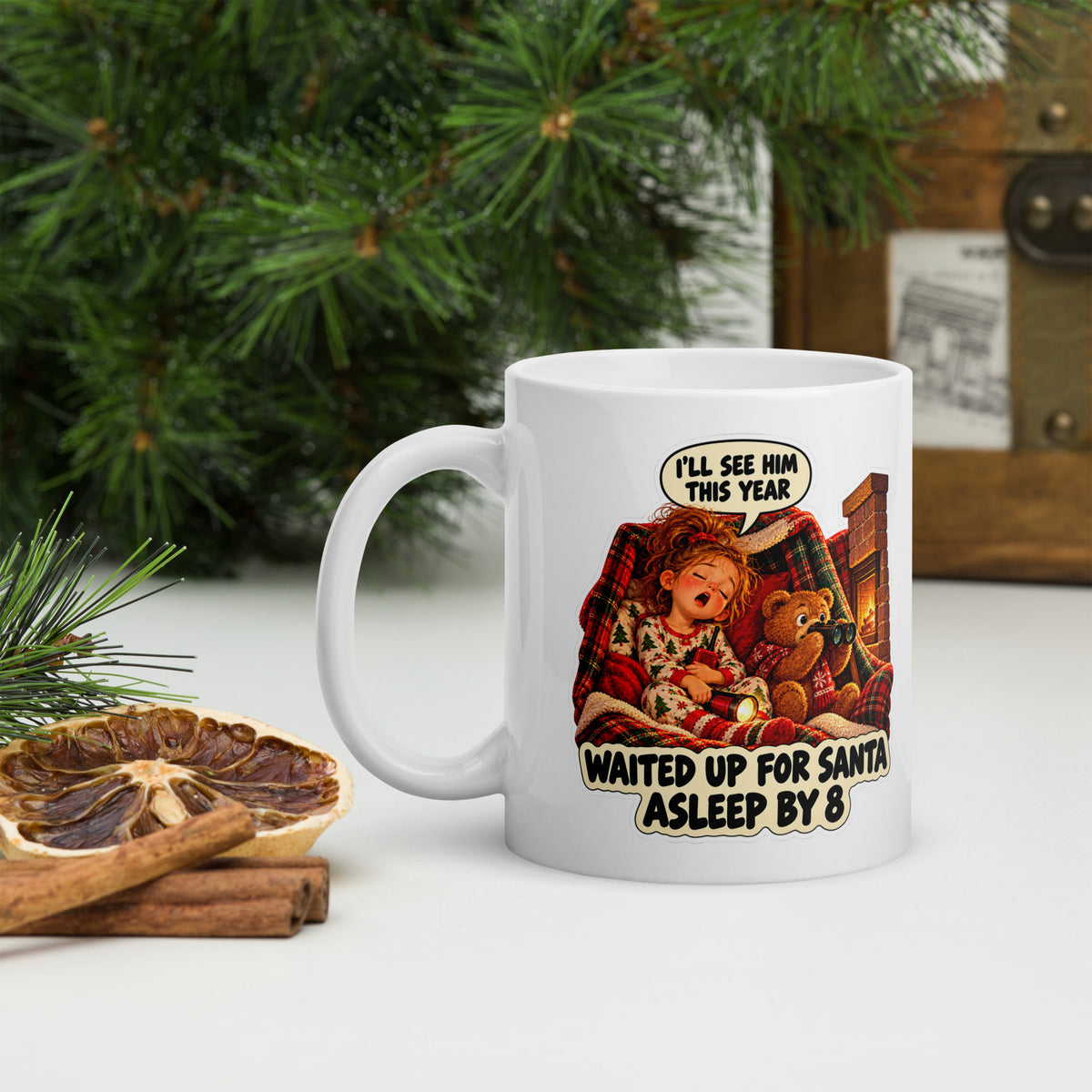 Stakeout Stella Mug by Brain Rot Bunch, handle on left