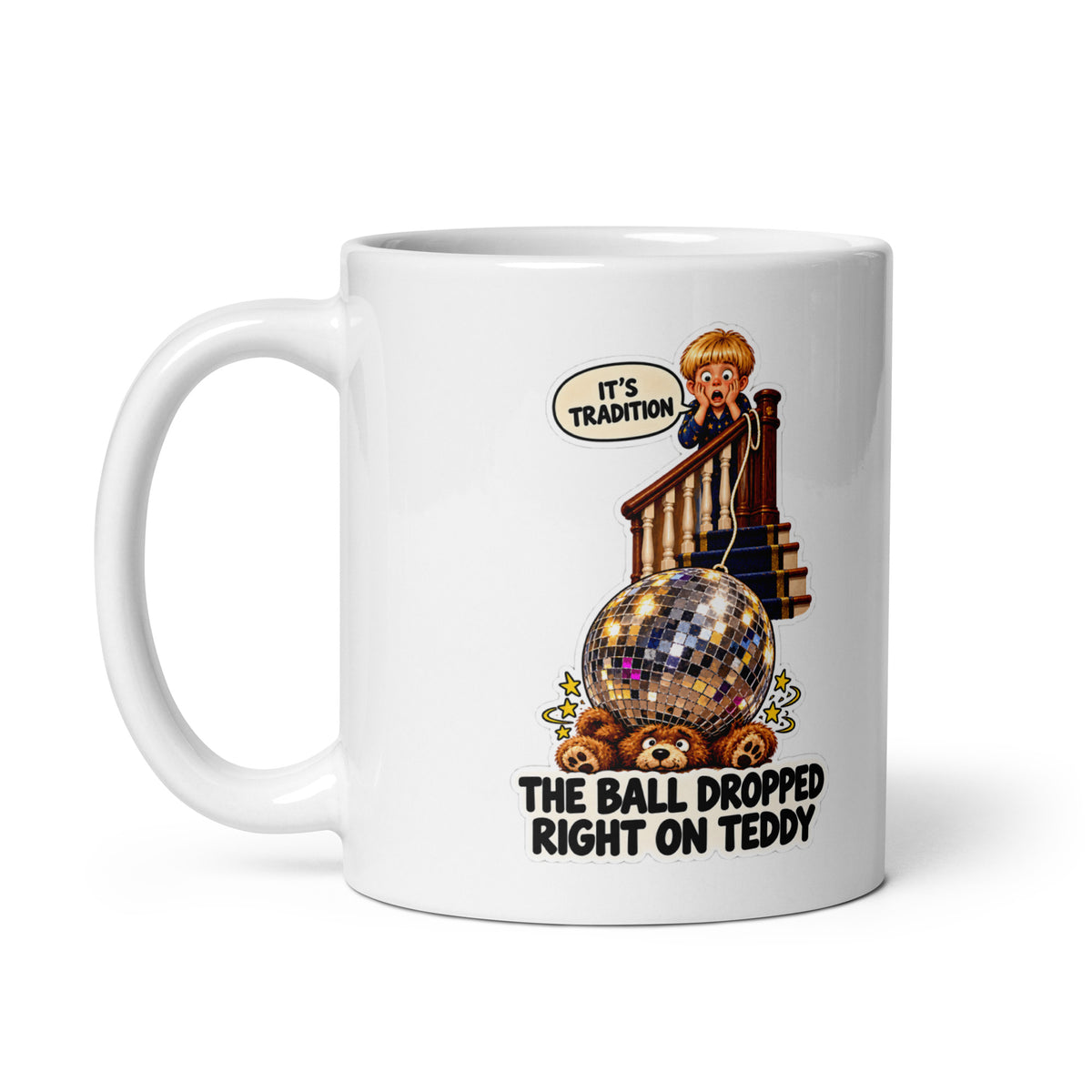 Ball-Drop Beau Mug by Brain Rot Bunch, handle on left