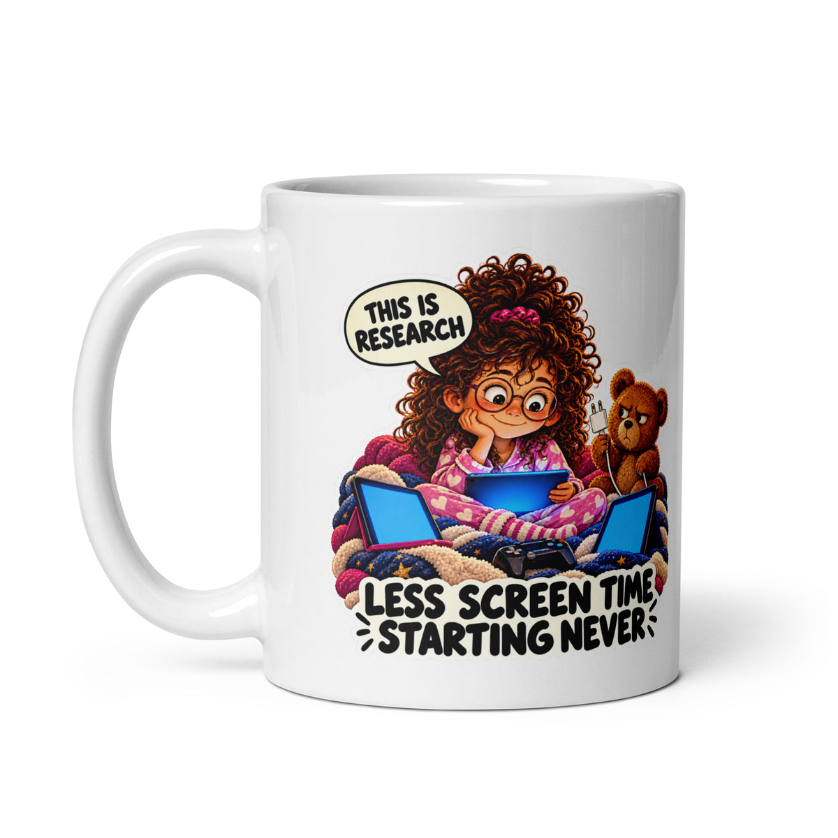 Screen-Time Sasha Mug by Brain Rot Bunch, handle on left