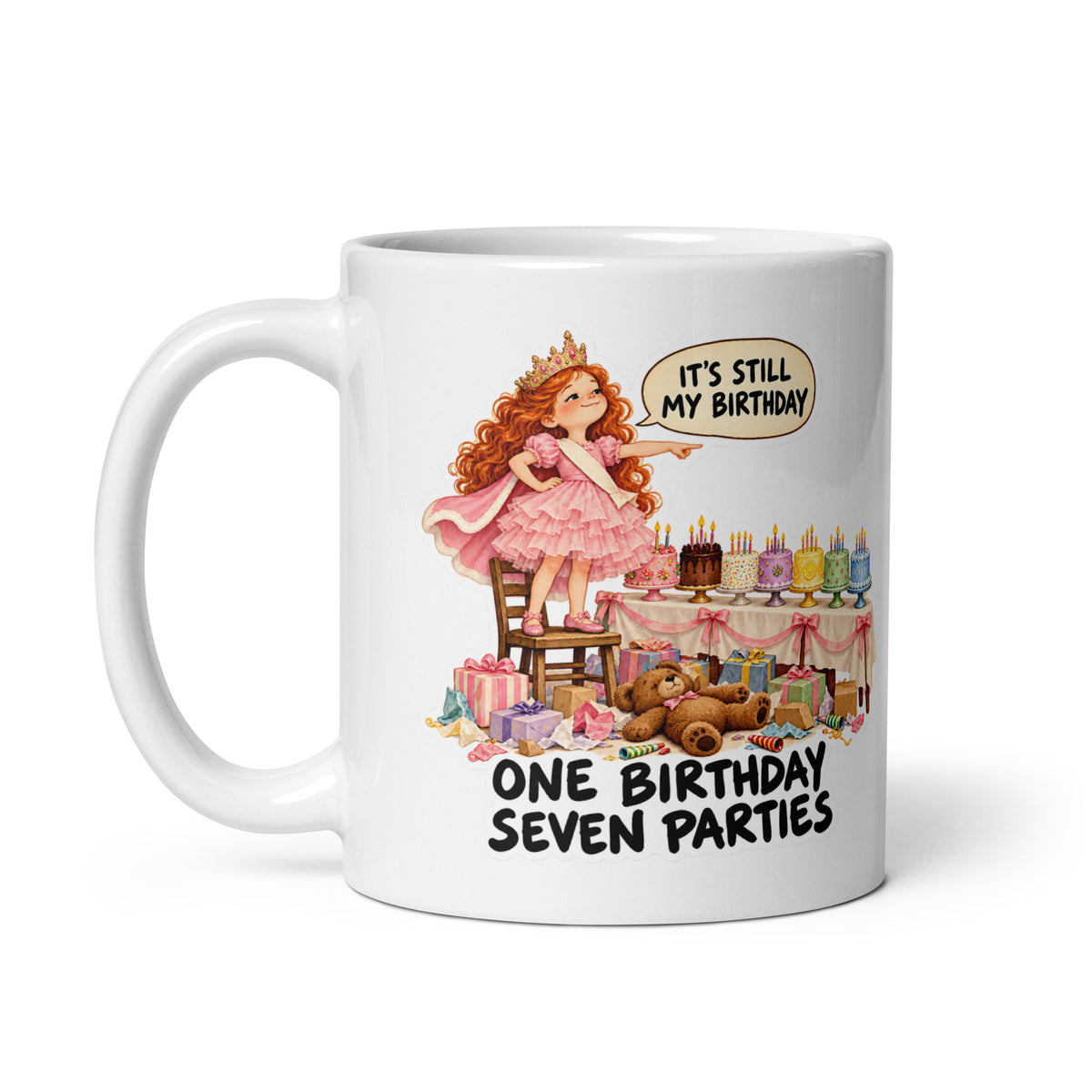 Birthday-Week Daisy Mug by Brain Rot Bunch, handle on left