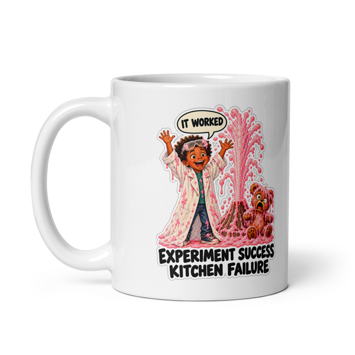 Science-Fair Simon Mug by Brain Rot Bunch, handle on left