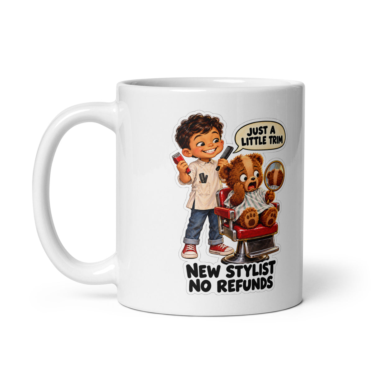 Barber Bruno Mug by Brain Rot Bunch, handle on left
