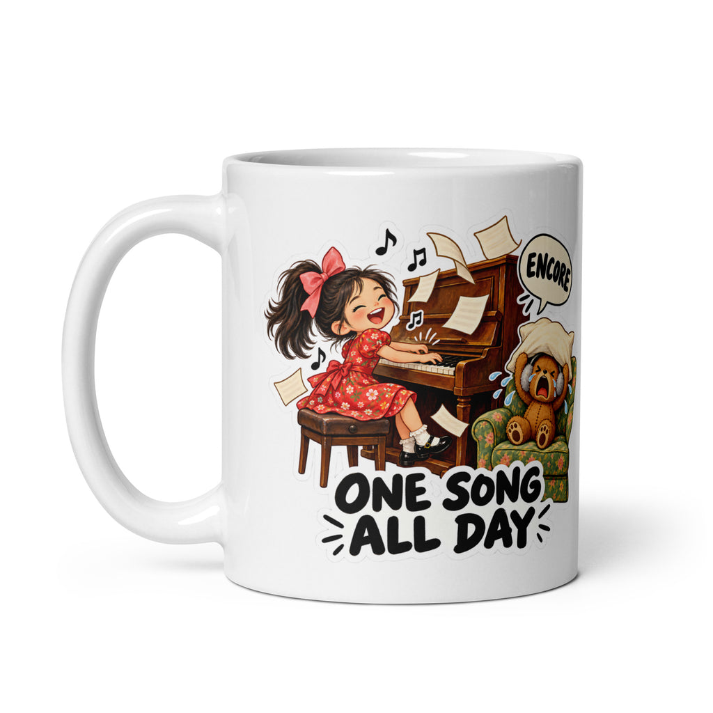 Piano-Practice Polly Mug by Brain Rot Bunch, handle on left