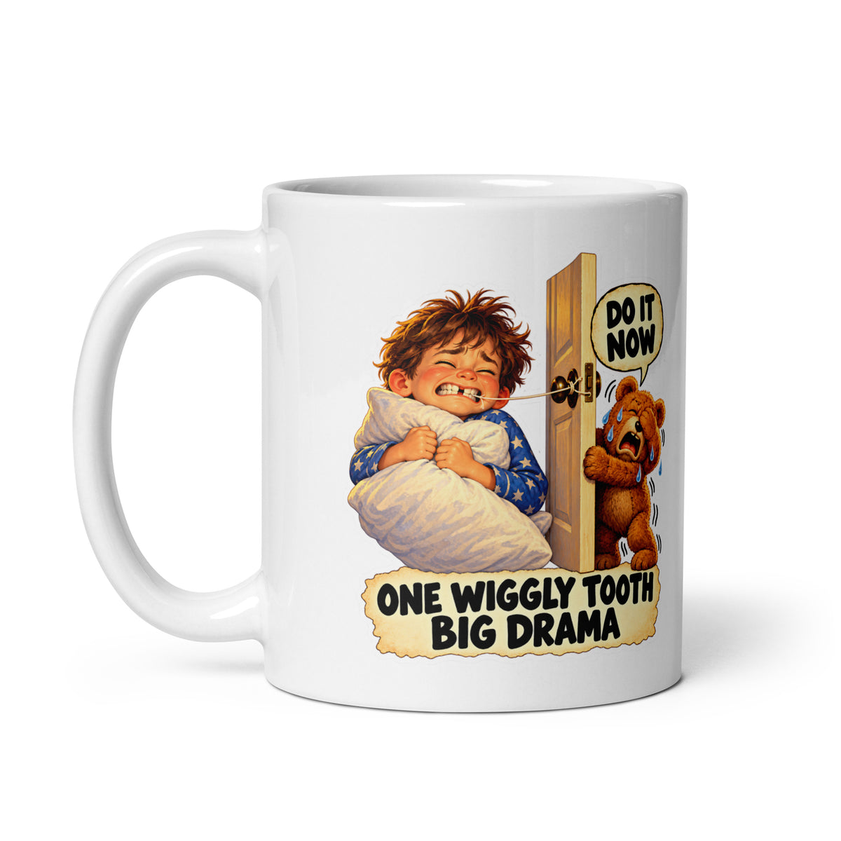Loose-Tooth Luca Mug by Brain Rot Bunch, handle on left