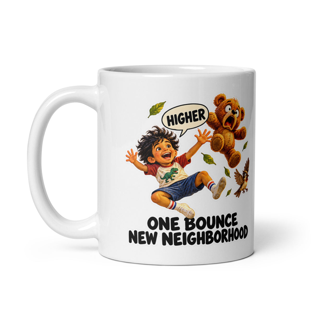 Trampoline Tristan Mug by Brain Rot Bunch, handle on left