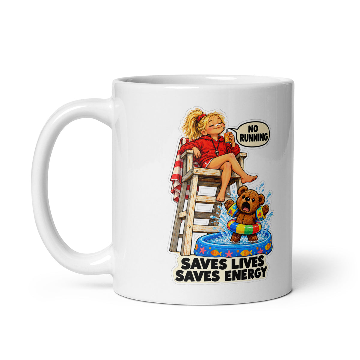 Lifeguard Lacey Mug by Brain Rot Bunch, handle on left