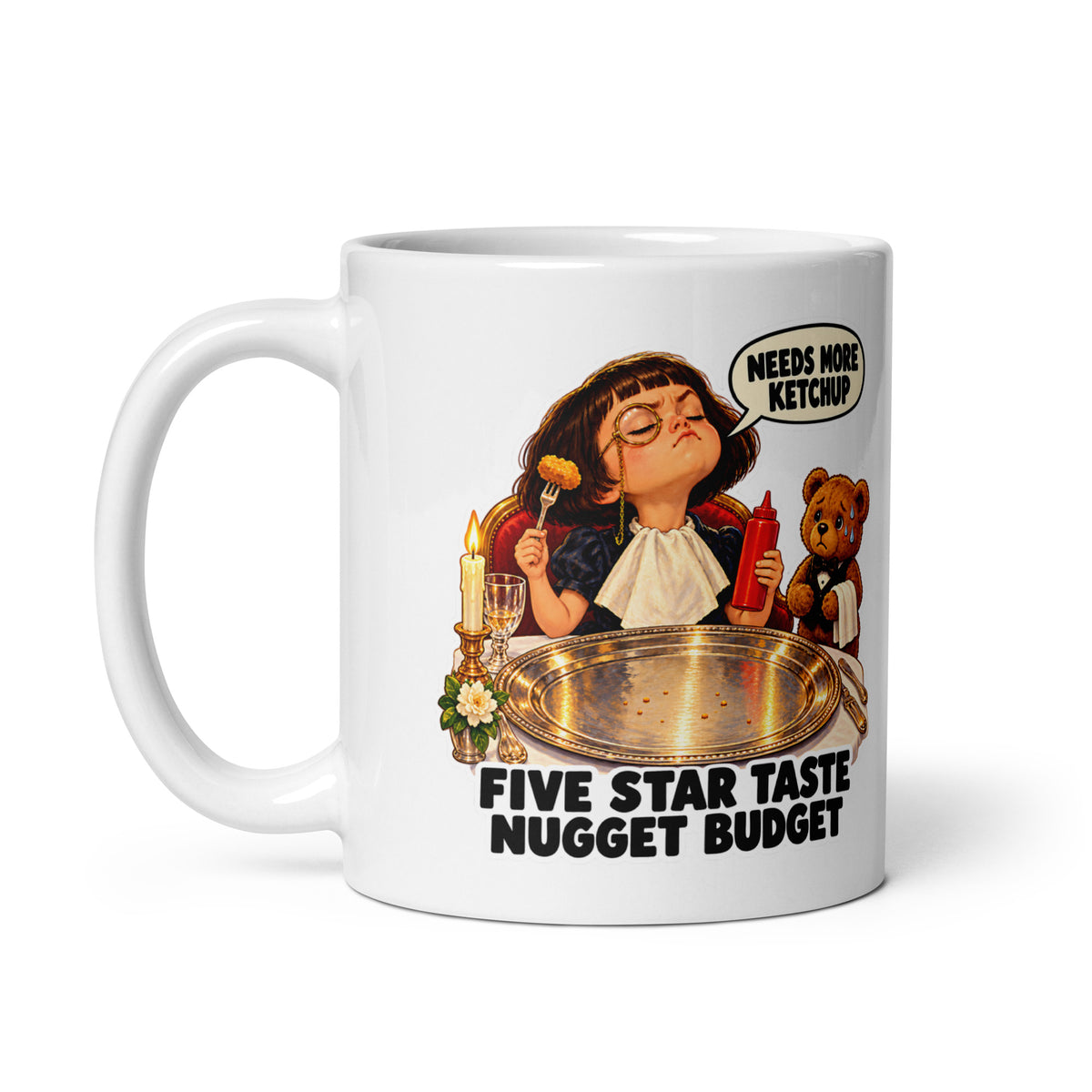 Food-Critic Fiona Mug by Brain Rot Bunch, handle on left