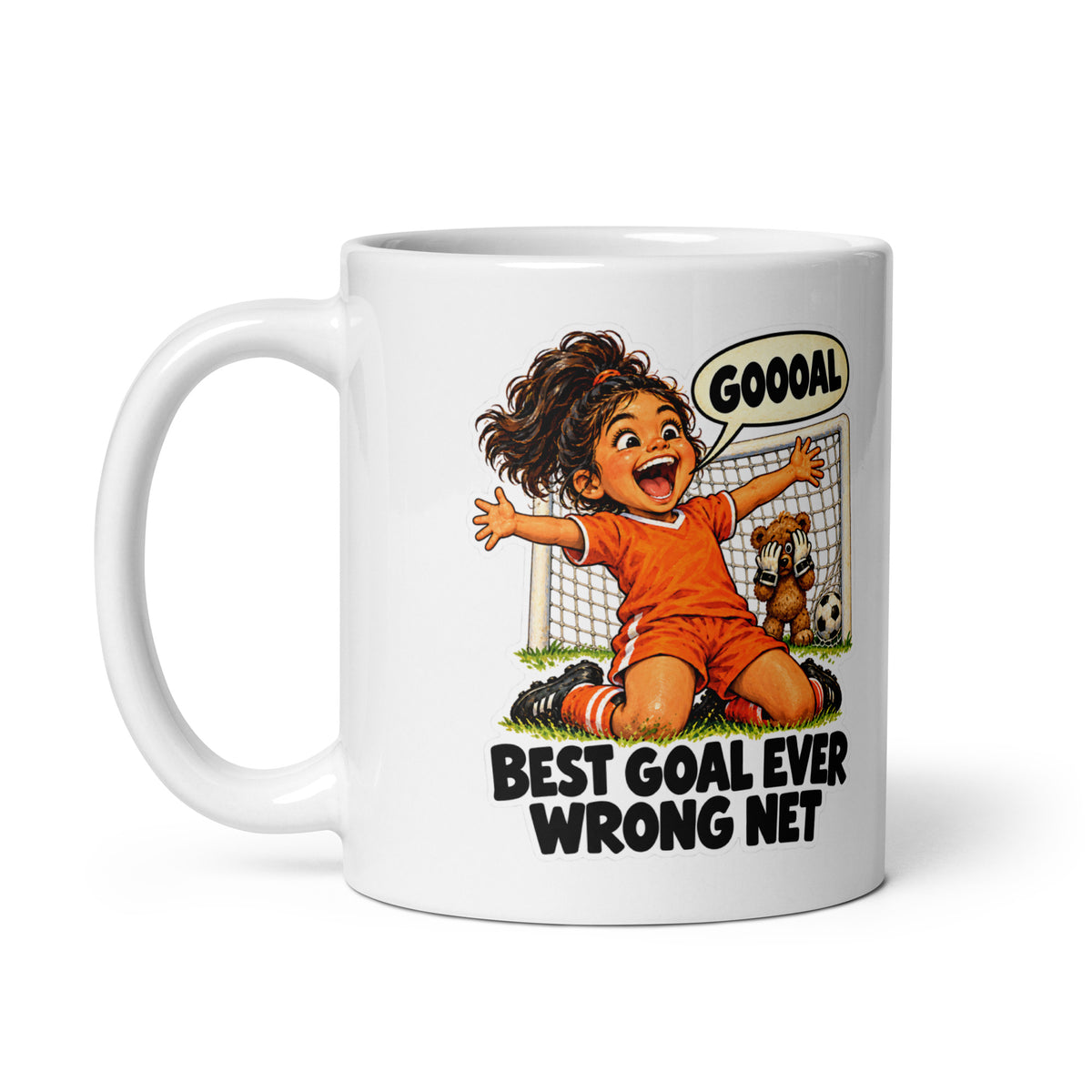 Soccer-Star Sofia Mug by Brain Rot Bunch, handle on left