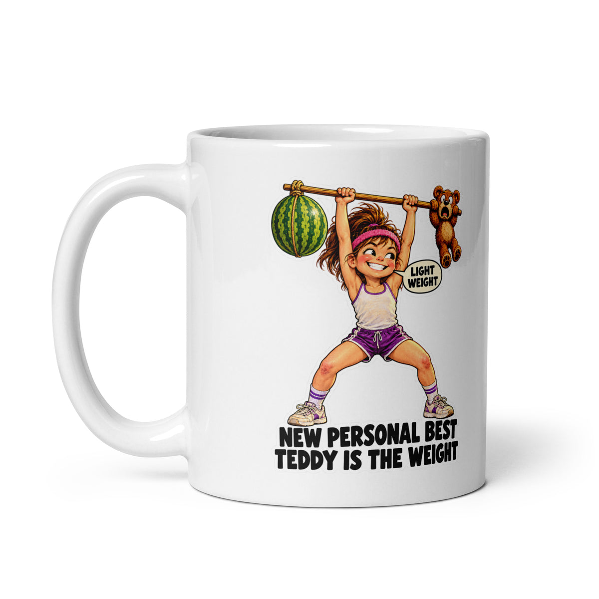 Weightlifter Winnie Mug by Brain Rot Bunch, handle on left
