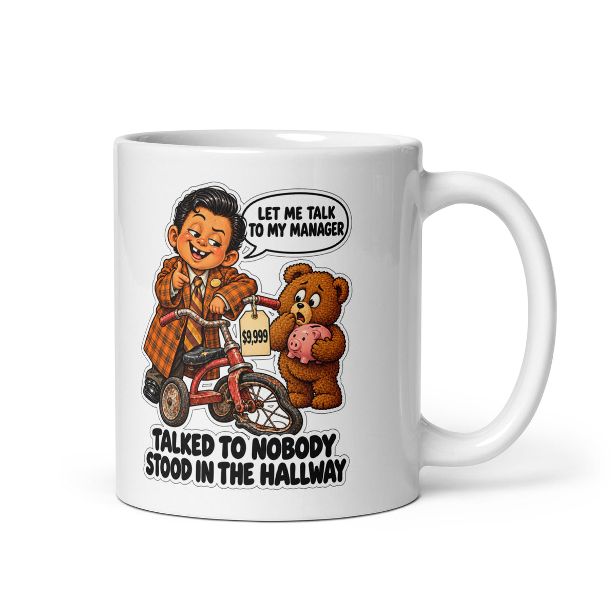 Car Salesman Sal Mug by Brain Rot Bunch, handle on right