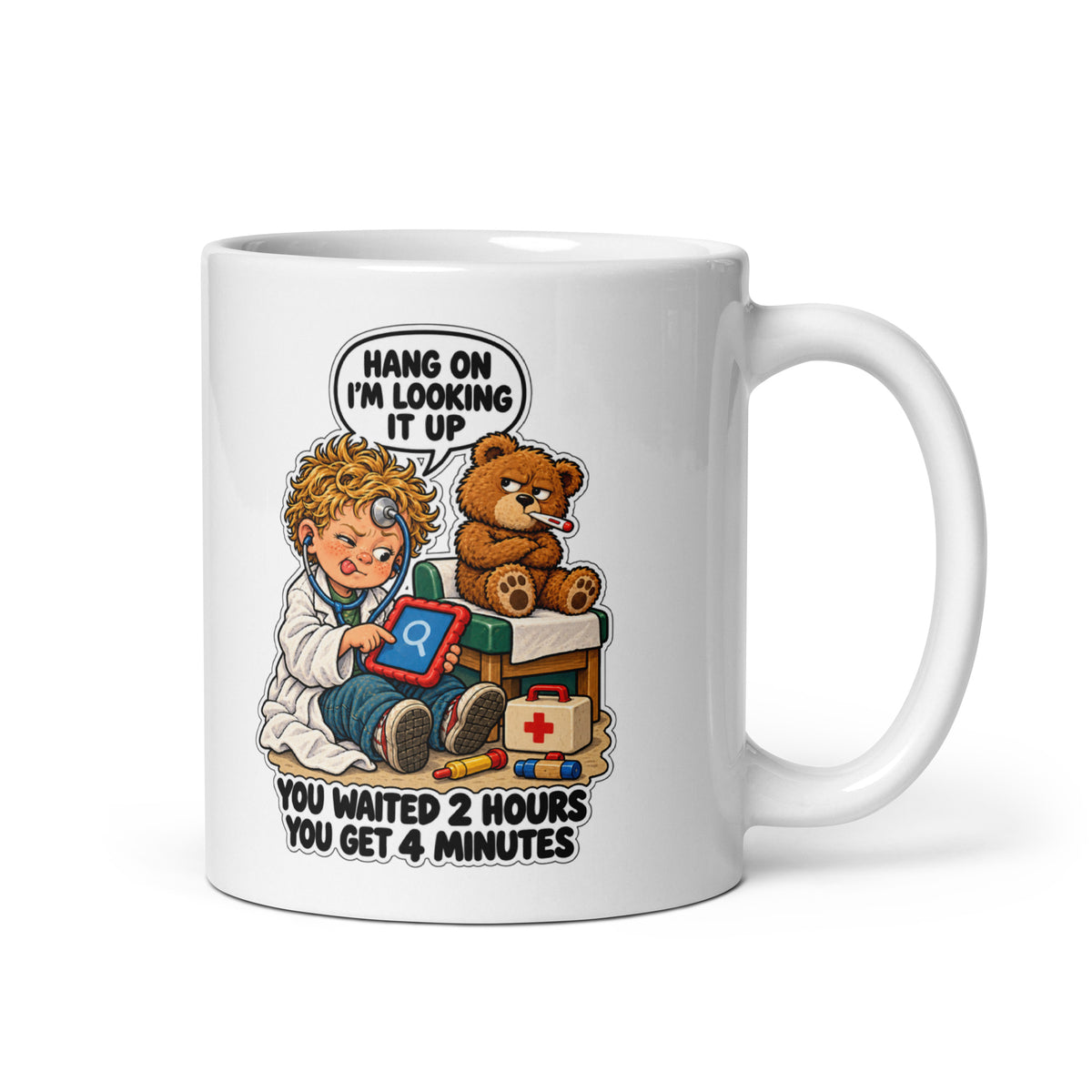 Doctor Dewey Mug by Brain Rot Bunch, handle on right