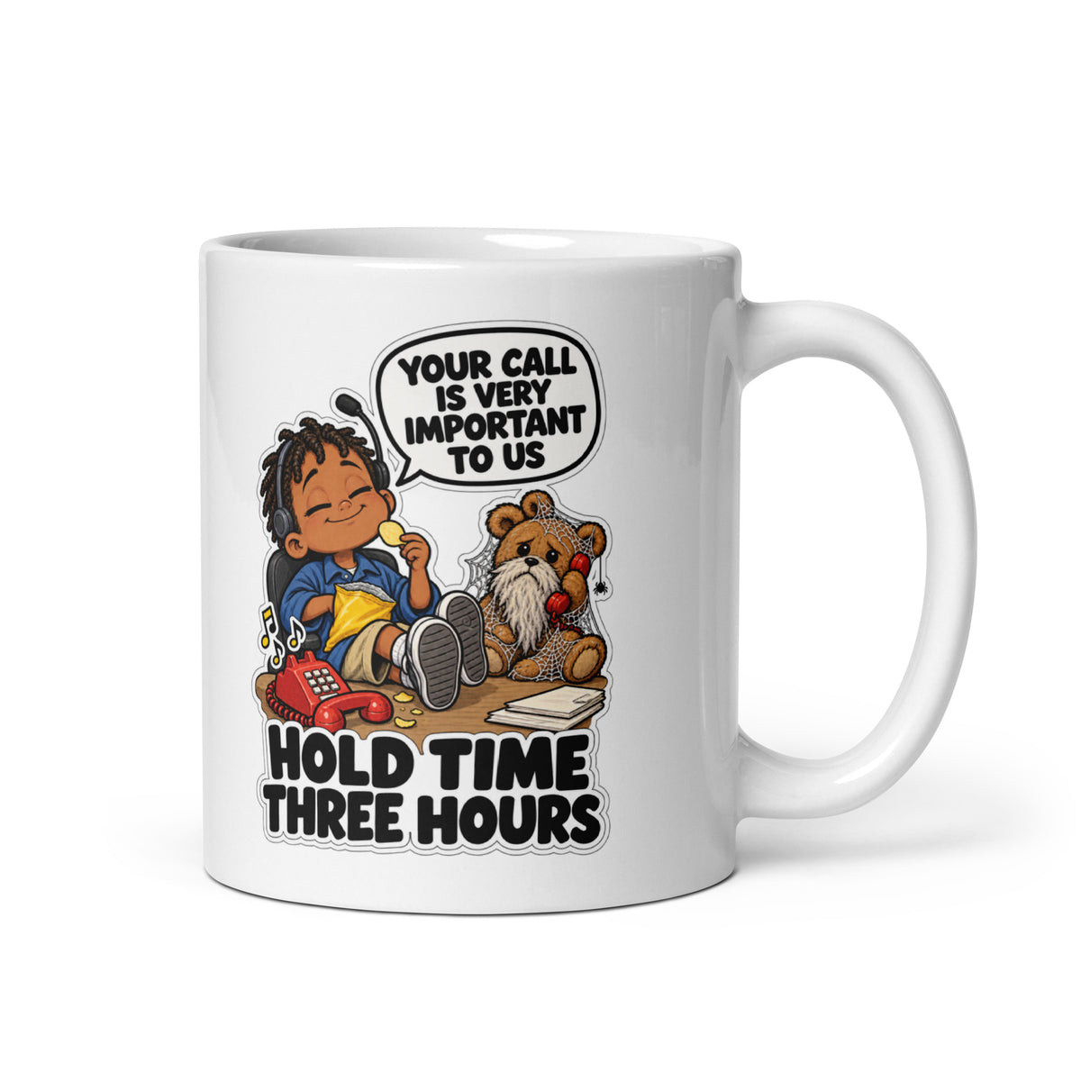 Customer Service Carl Mug by Brain Rot Bunch, handle on right