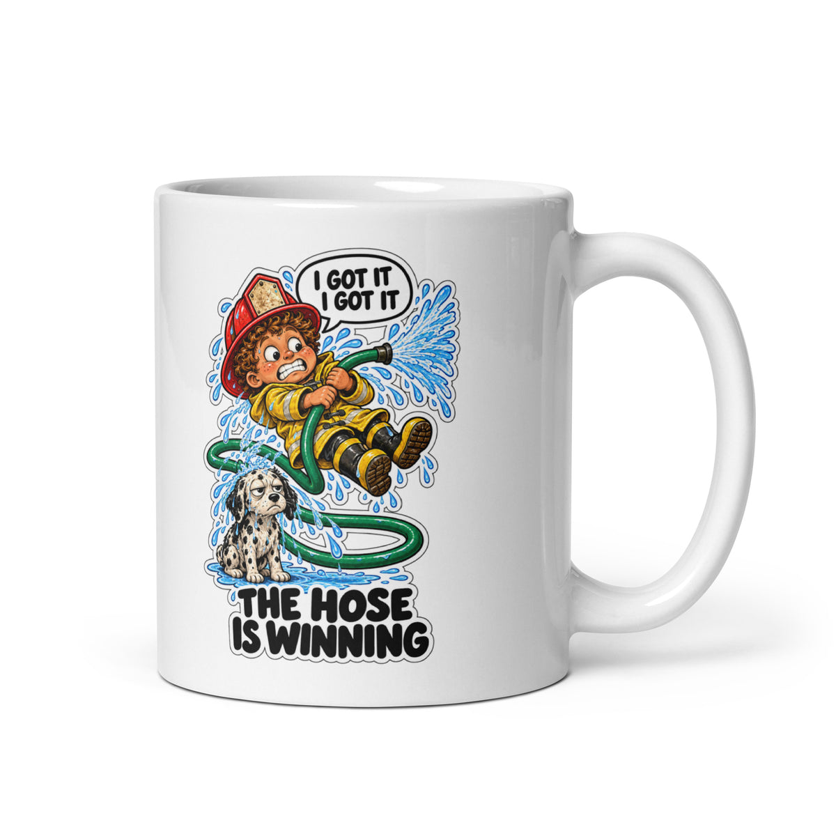 Firefighter Finn Mug by Brain Rot Bunch, handle on right