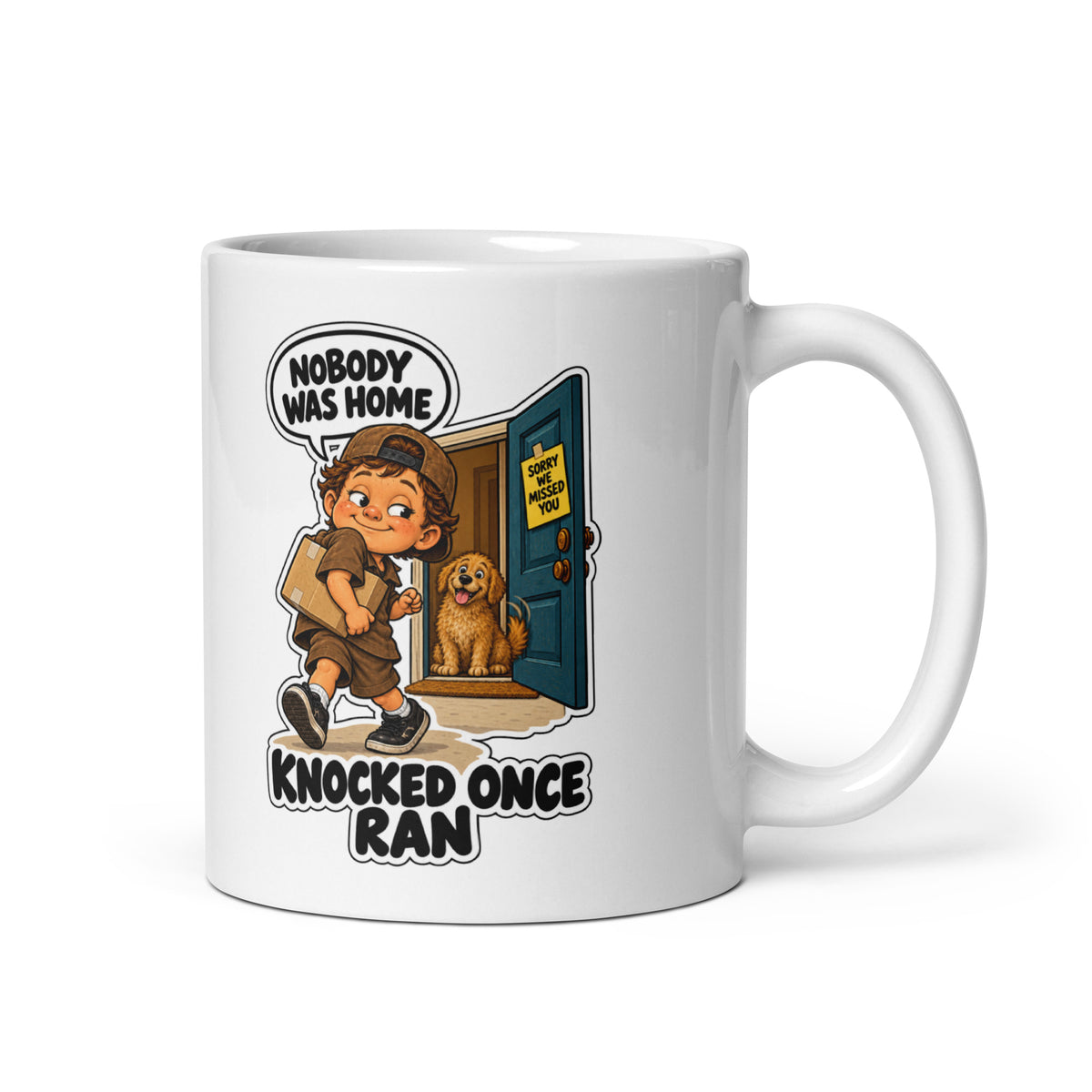 Delivery Dex Mug by Brain Rot Bunch, handle on right