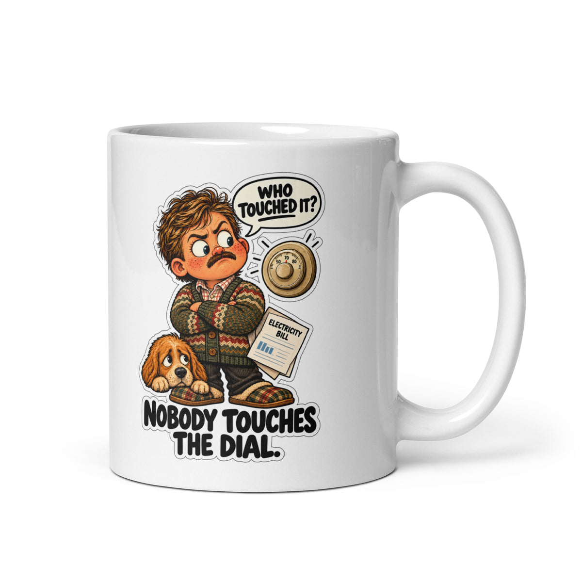 Thermostat Tom Mug by Brain Rot Bunch, handle on right