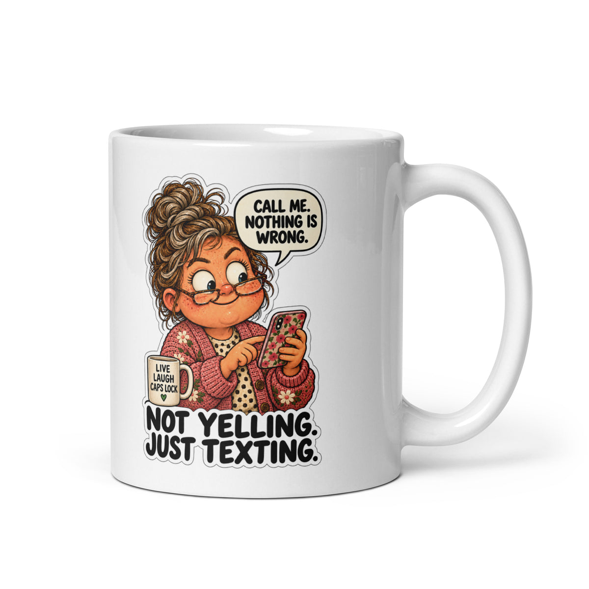 All-Caps Carol Mug by Brain Rot Bunch, handle on right