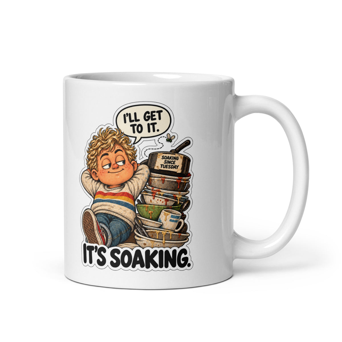 Dish-Dodging Doug Mug by Brain Rot Bunch, handle on right
