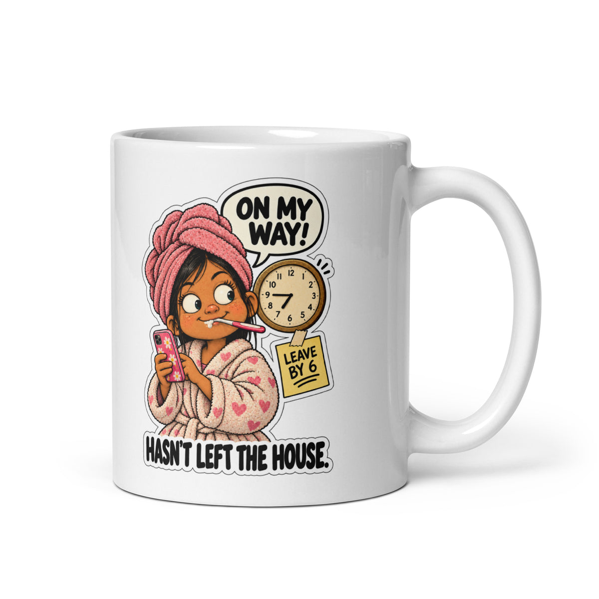 On-My-Way Faye Mug by Brain Rot Bunch, handle on right