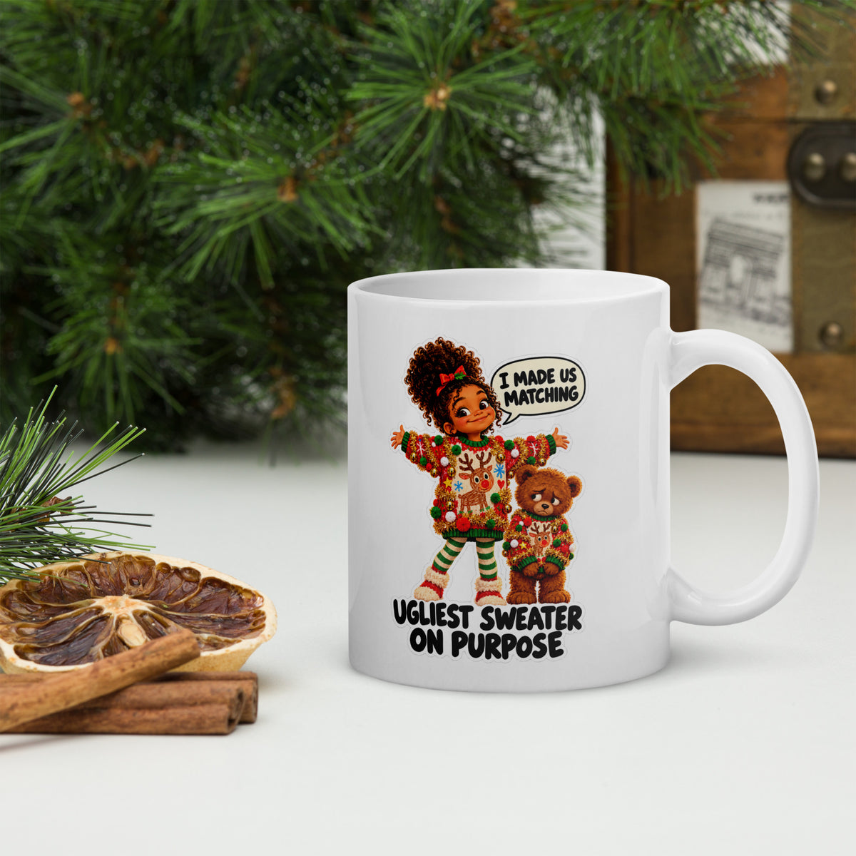 Ugly-Sweater Uma Mug by Brain Rot Bunch, handle on right