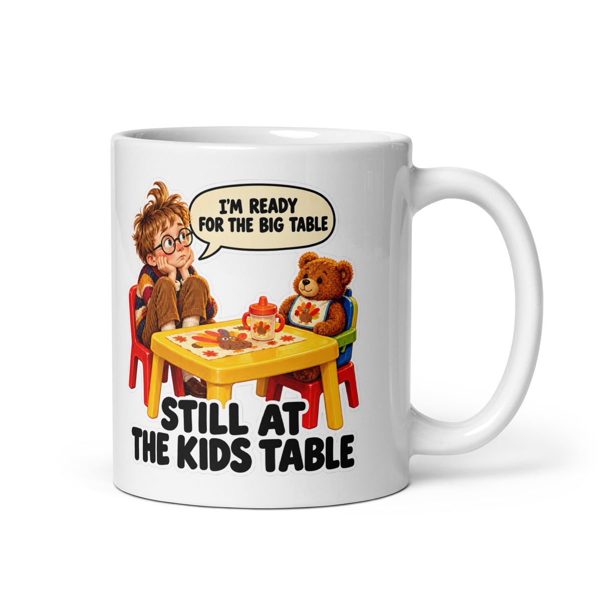 Kids-Table Kenny Mug by Brain Rot Bunch, handle on right