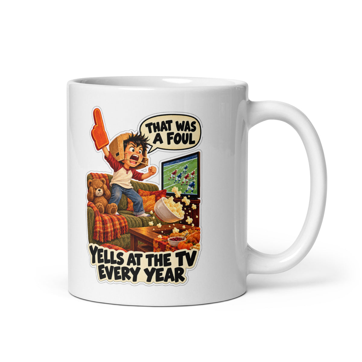 Touchdown Tyler Mug by Brain Rot Bunch, handle on right