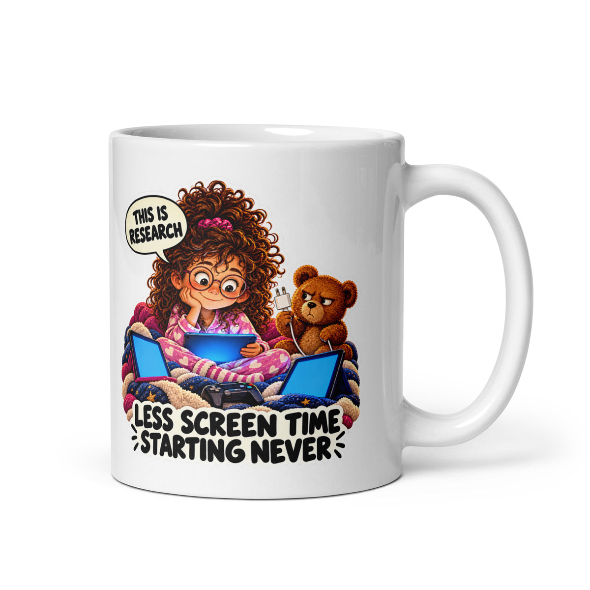 Screen-Time Sasha Mug by Brain Rot Bunch, handle on right