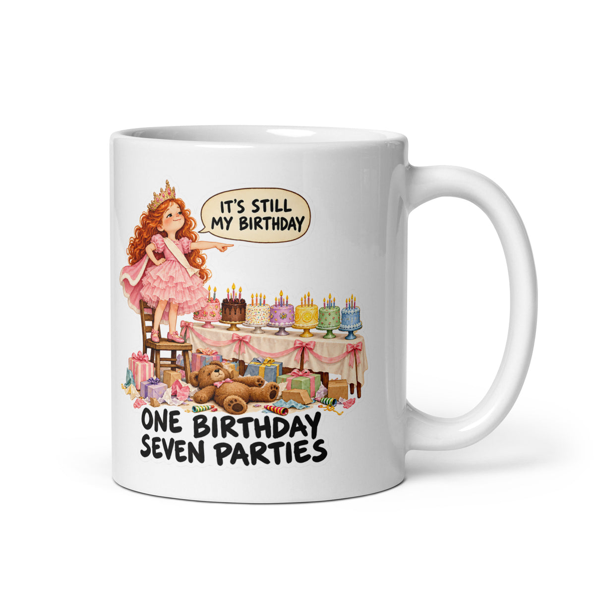 Birthday-Week Daisy Mug by Brain Rot Bunch, handle on right