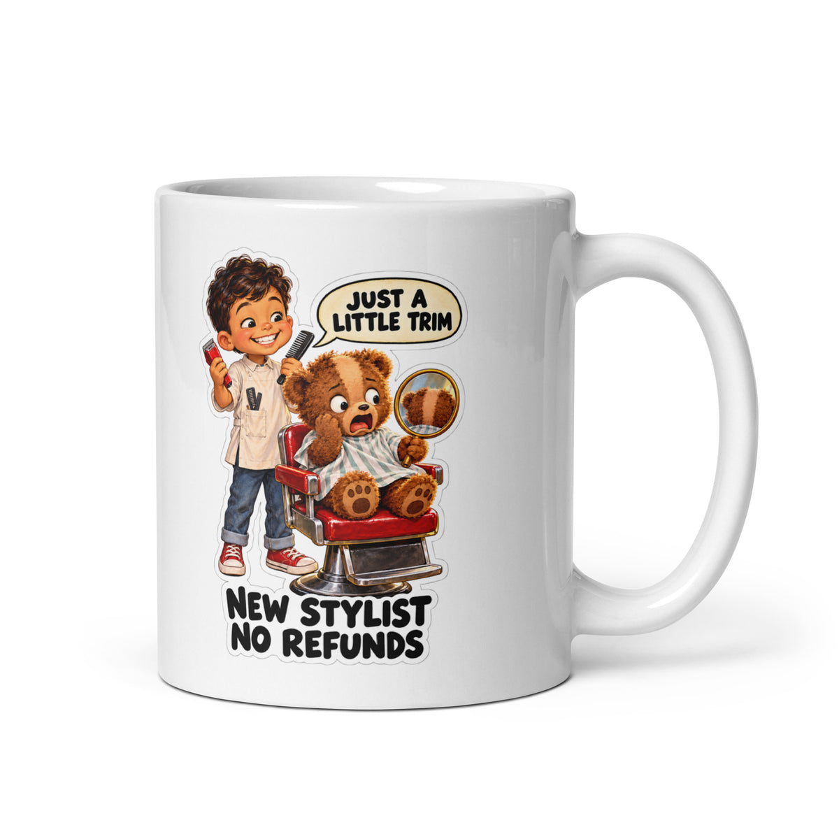 Barber Bruno Mug by Brain Rot Bunch, handle on right