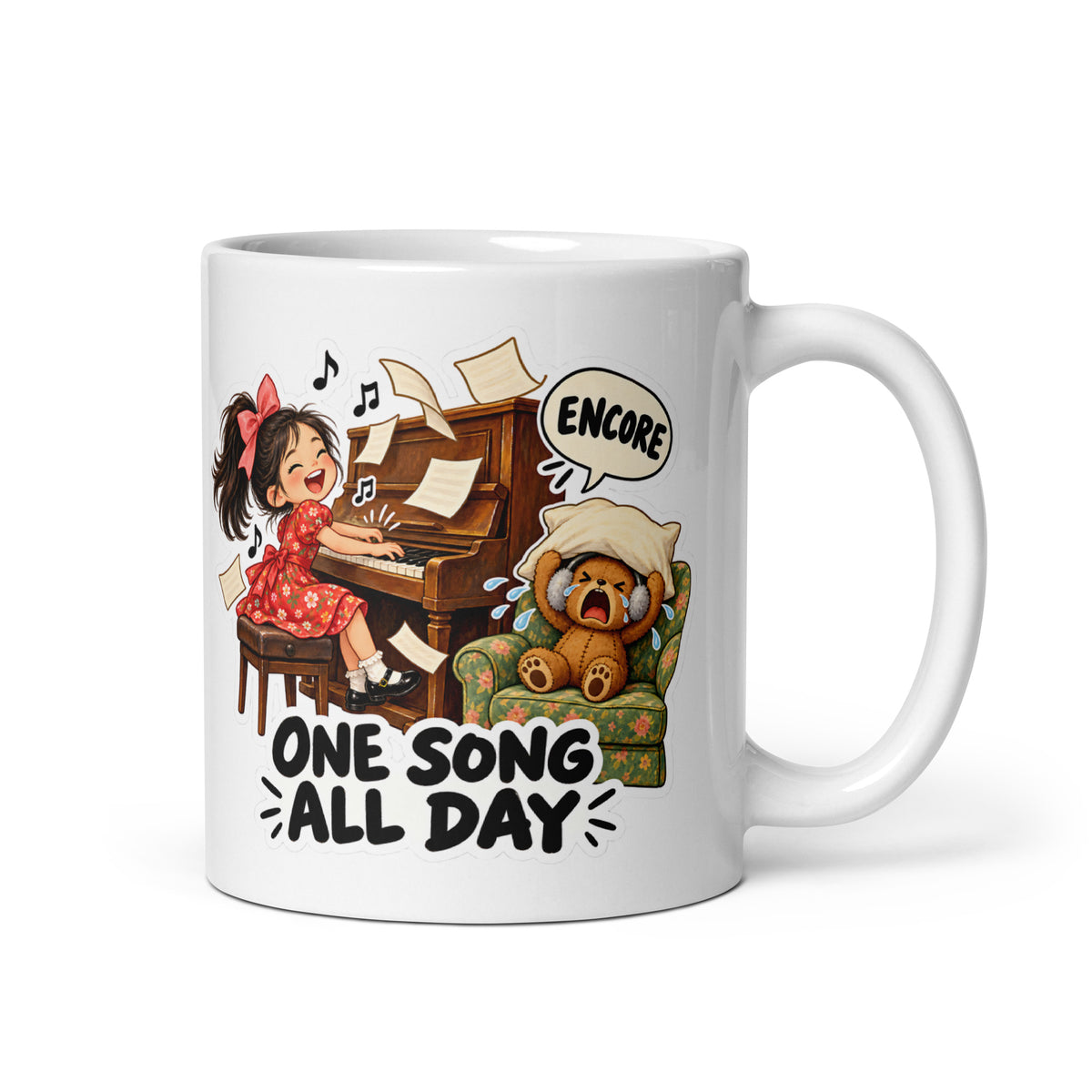 Piano-Practice Polly Mug by Brain Rot Bunch, handle on right